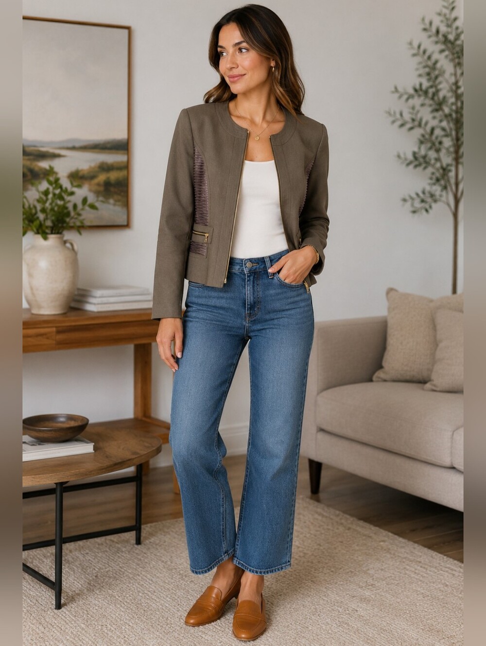 Teenflo Olive-Taupe Zip Front Blazer with Ribbed Side Panels